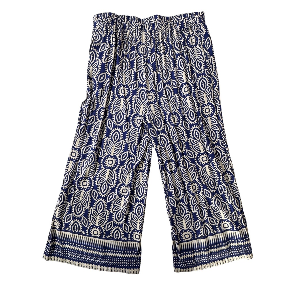 Rose + Olive Resort Blue White Geometric Paisley Wide Leg Palazzo Pants XL - Picture 10 of 16